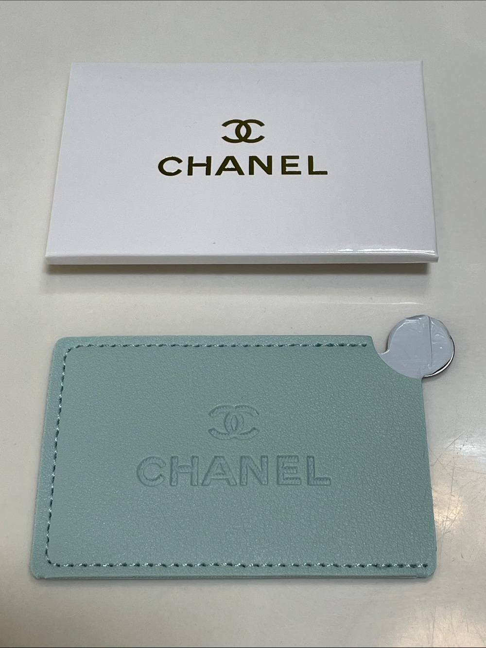 NEW CHANEL Beauty Vegan Leather Mint Green Embossed Case Card Holder with Mirror